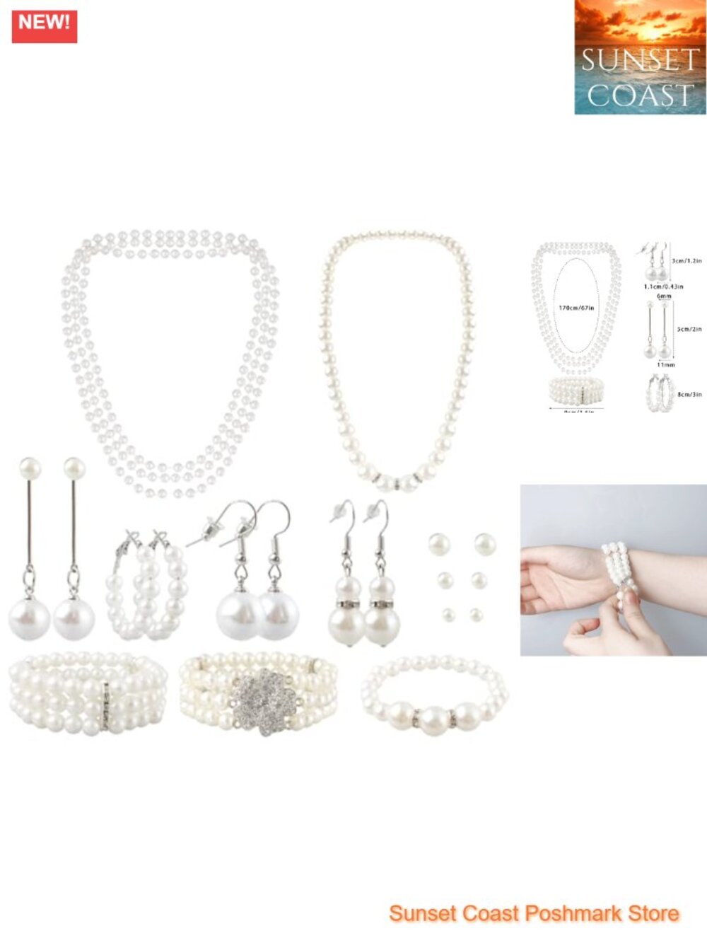 19pc Faux Pearl Jewelry Set Necklace Earrings Bracelet Women Wedding